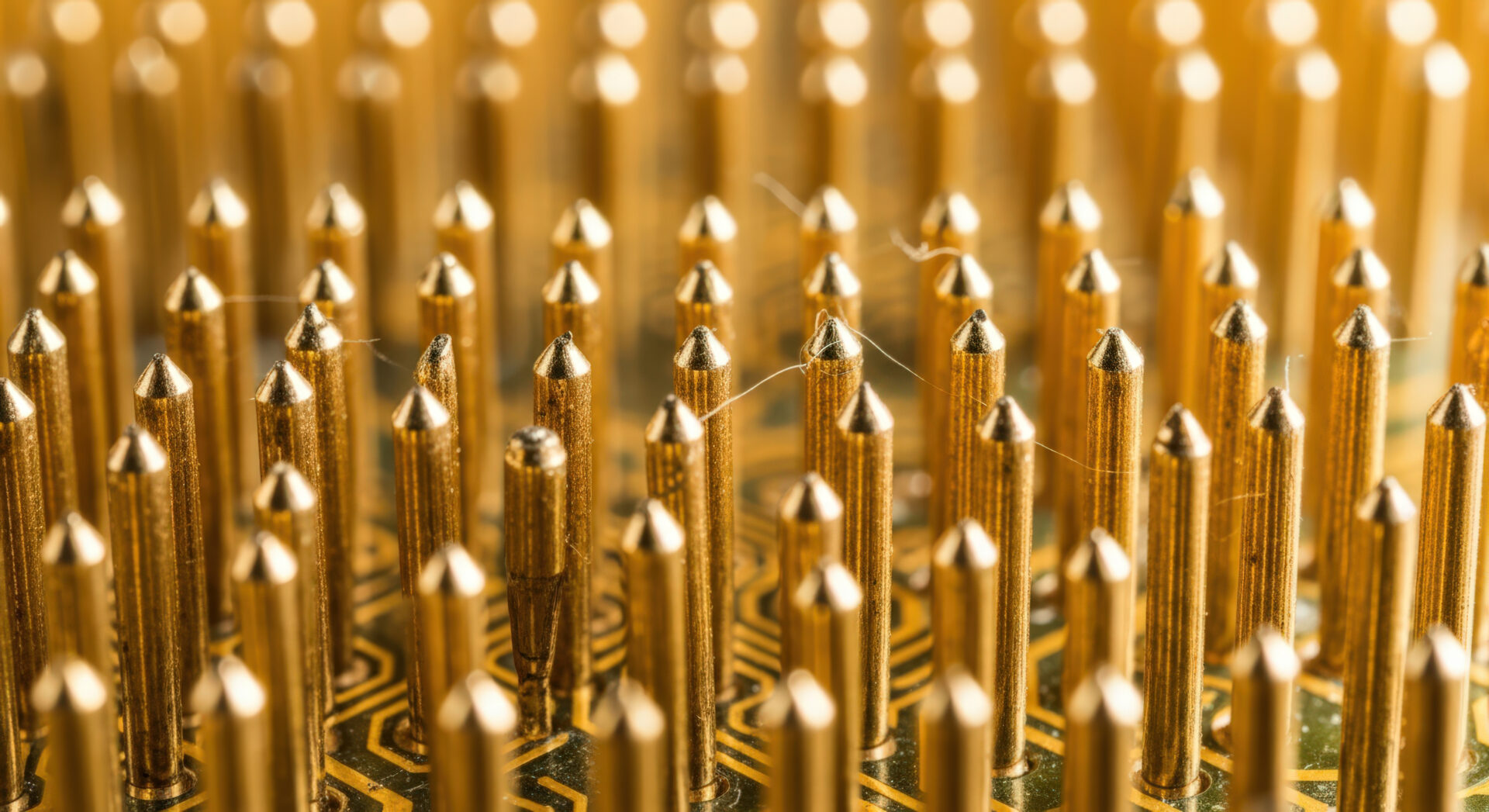 A Detailed Close Up of Gold Plated Pins on a Computer Processor Illustrating the Intricate Engineering and Precision Manufacturing of Modern Technology Components