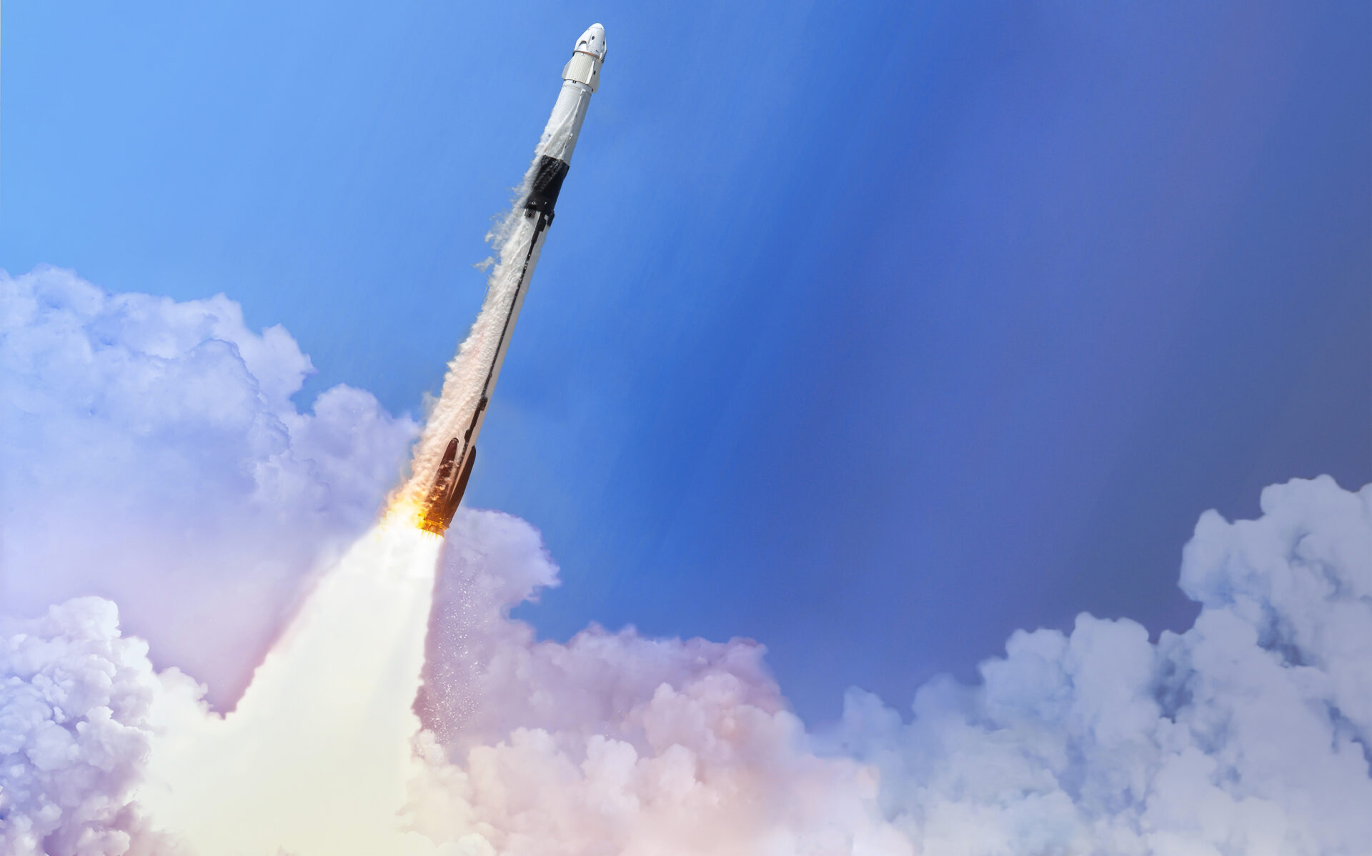 Launch of rocket in the space. Spaceship in the sky. Take off from Earth to ISS station. Elements of this image furnished by NASA